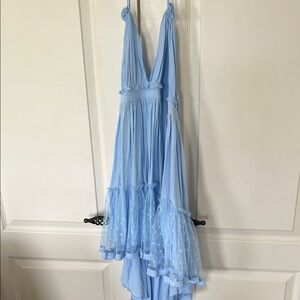 Light Blue Backless Maxi Dress with Ruffle Hem